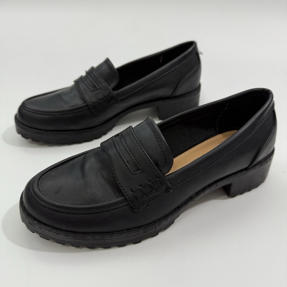 Time and Tru Black Penny Loafers Shoes Slip On Memory Foam Block Heel Sz 6 - Picture 2 of 9